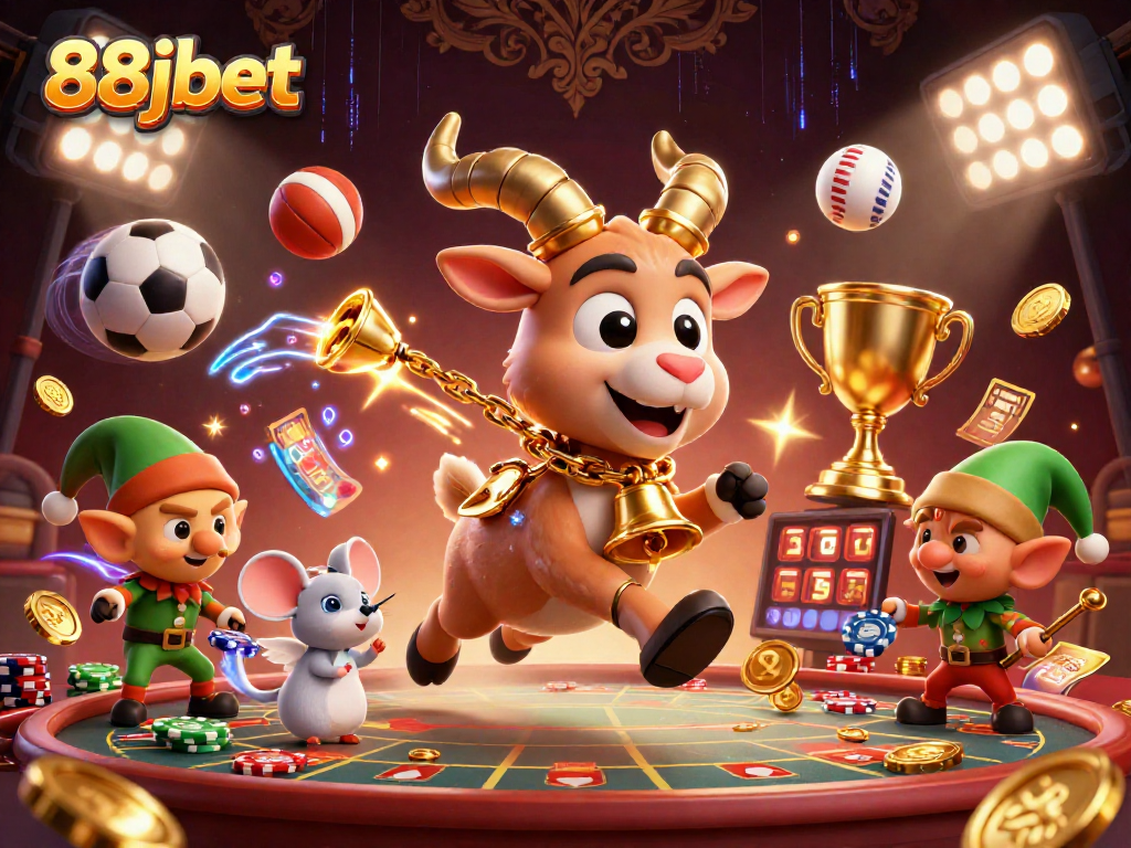 88jbet casino scene featuring a festive Krampus goat, angel mouse, and stealing gremlins amidst dynamic gaming elements.