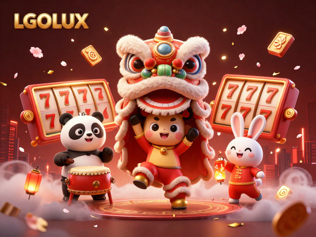 Win big at LGOLUX while enjoying vibrant casino-themed festivities with a lion dance and slot reels.