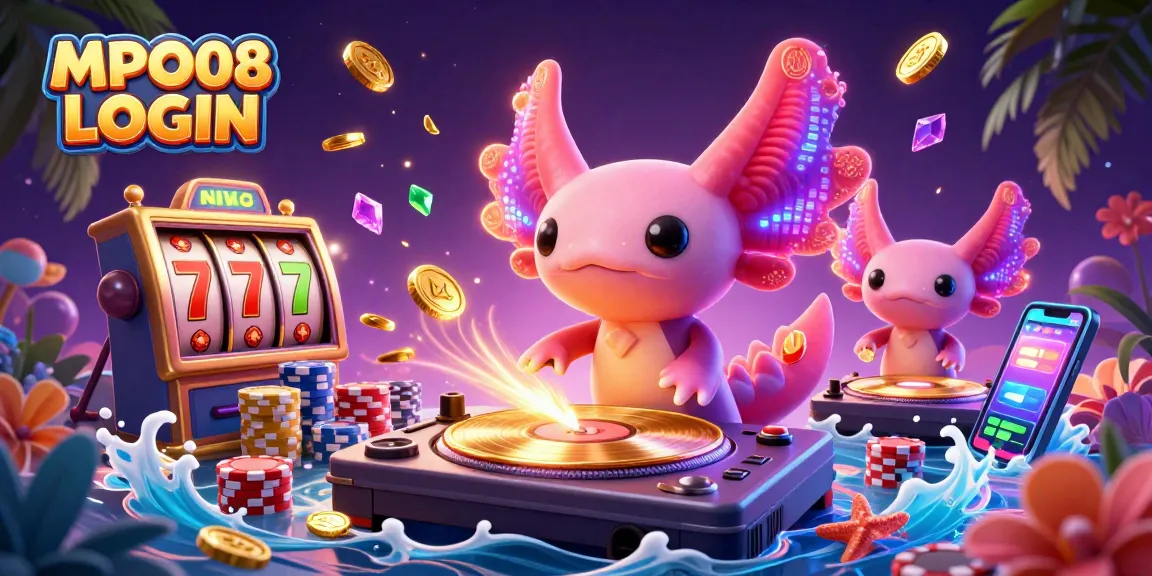 MPO08 LOGIN engages players with vibrant 3D illustration of a neon axolotl DJ amid exciting slot machine reels and golden coins.
