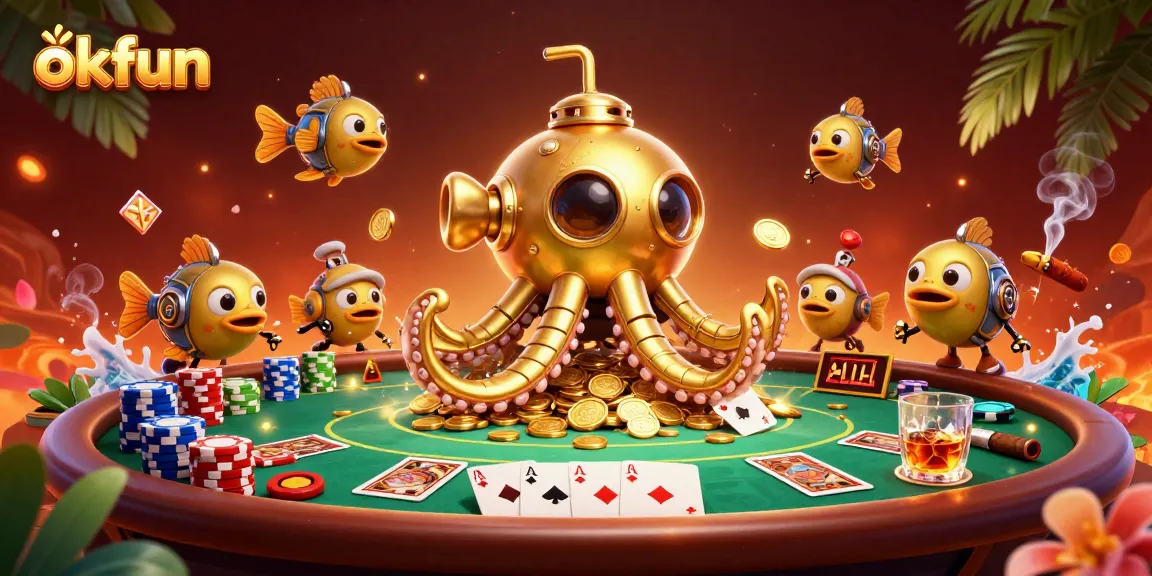 Engage with exciting games at okfun, featuring a golden kraken submarine amidst poker chips and coins.