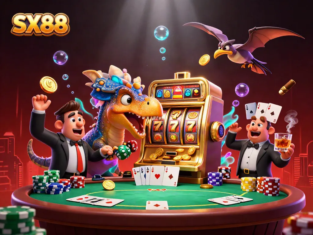 SX88 casino illustration with a dinosaur headbutting a slot machine, gold coins flying around