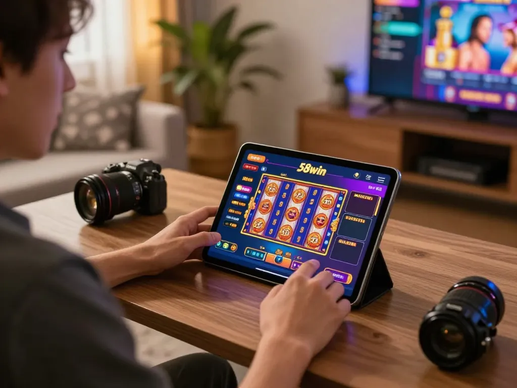 Player enjoying 58win online gaming on tablet in a cozy setup, showcasing strategic play and modern design.