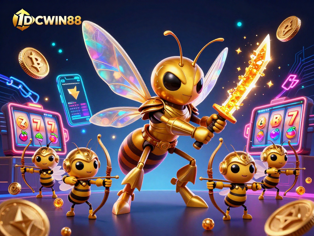 Engage with IDCWIN88's exciting slots experience featuring a dynamic 3D casino illustration.