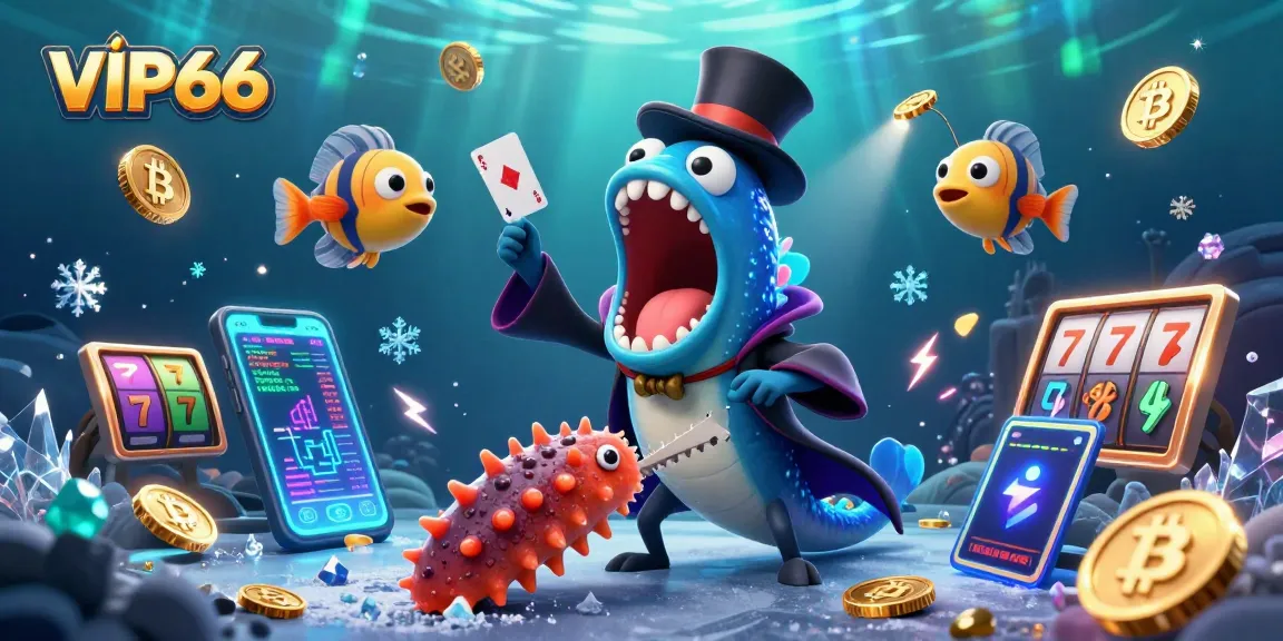 Experience the excitement of VIP66 with a 3D underwater magic casino scene filled with slots and glowing crypto elements.