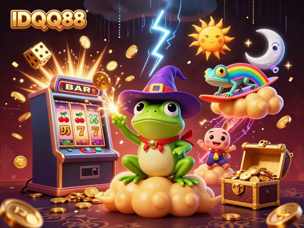 Experience the winning excitement of IDQQ88 with a magical scene of a frog wizard and vibrant characters amidst golden coins and slot machines.