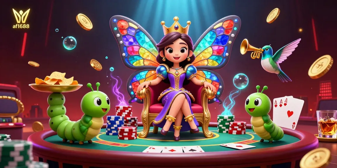 Engage in thrilling gameplay with af1688's vibrant casino scene featuring a butterfly queen and poker elements.