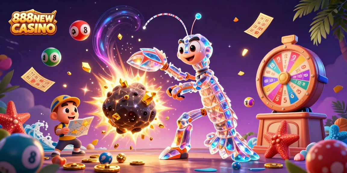 Experience excitement at 888NEW CASINO with a vibrant 3D illustration showcasing thrilling gaming elements.