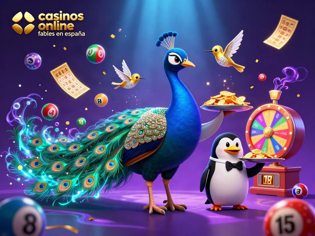 Visualiza los casinos online fiables en España con un divertido pavo real y un pingüino en un dinámico escenario