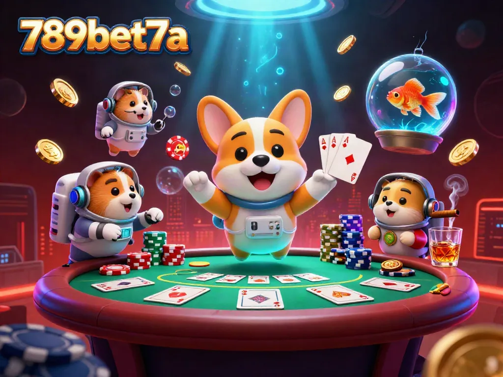 Experience thrilling games at 789bet7a with a floating astronaut corgi and vibrant casino elements.