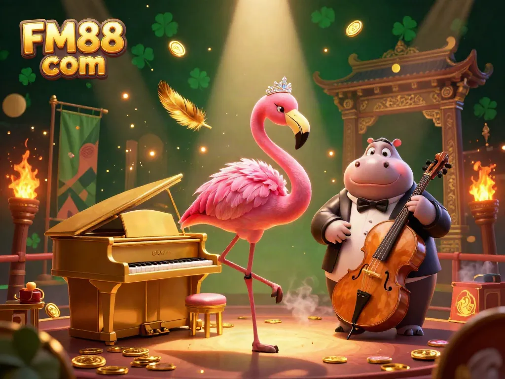 Experience the vibrant atmosphere of FM88 com with a flamingo singer and hippo bassist in a lively casino scene.