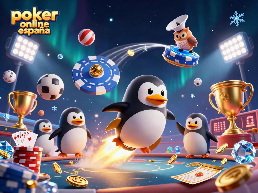 Disfruta del poker online en España con un pingüino dorado que vuela a través del espacio.