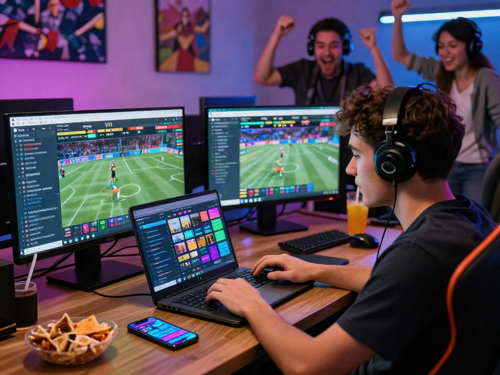 Engaged user exploring 먹튀스팟 betting options on a laptop in a vibrant online gaming environment.