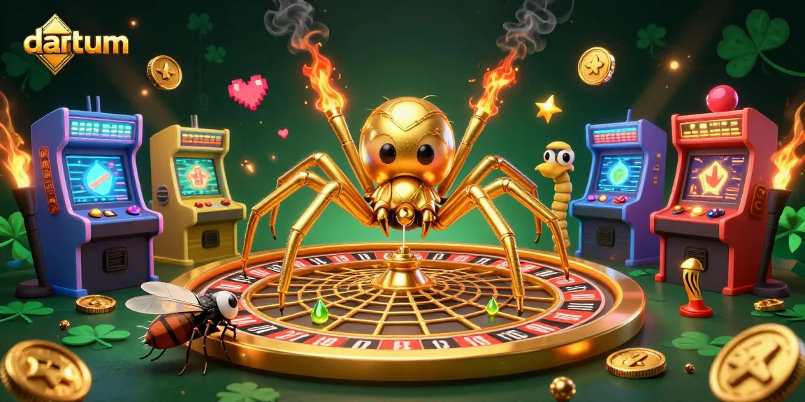 Experience the excitement of datum with a 3D cartoon spider and centipede croupier betting at a golden roulette wheel.