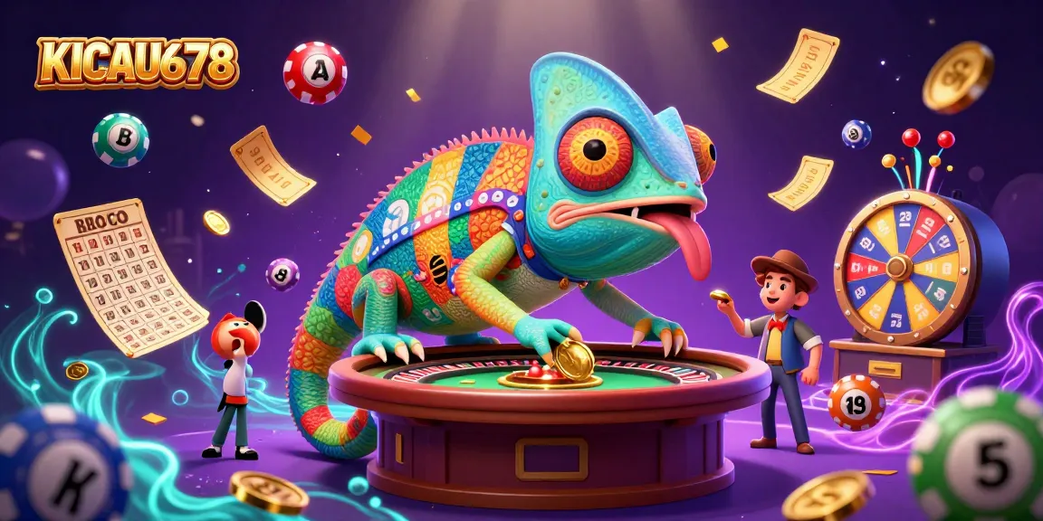 KICAU678 showcases a lively chameleon casino owner amid dynamic lottery balls and vibrant game elements.