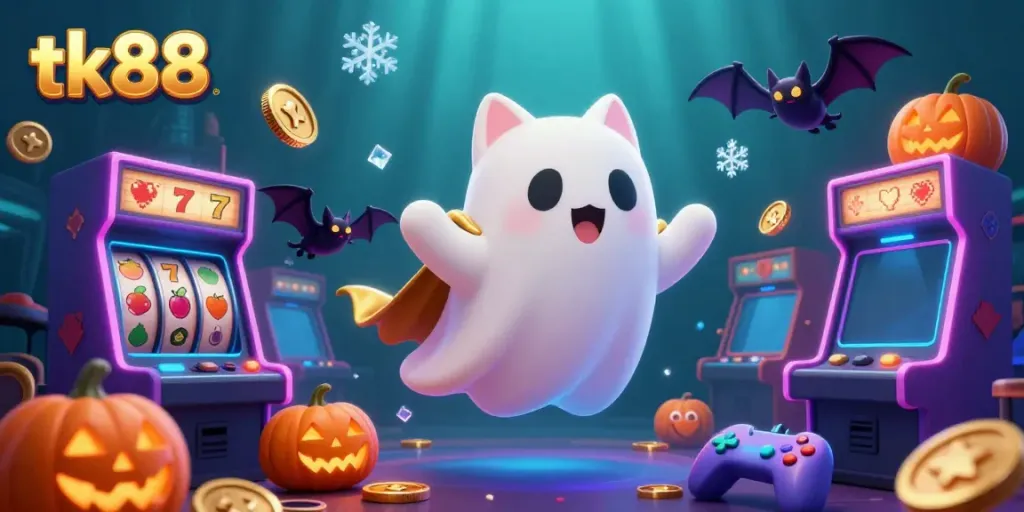 Engage with tk88's vibrant 3D casino illustration featuring a ghost cat and vampire bat amid dynamic gaming elements.