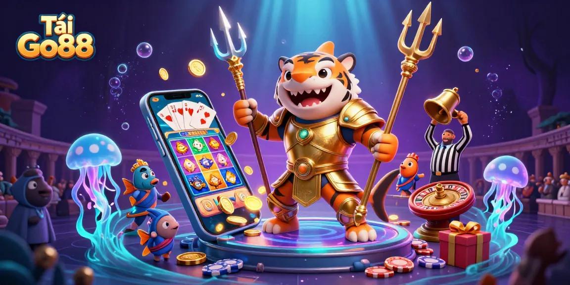 Tải Go88 by experiencing vibrant underwater casino action with a shark in gladiator armor and cheering fish.