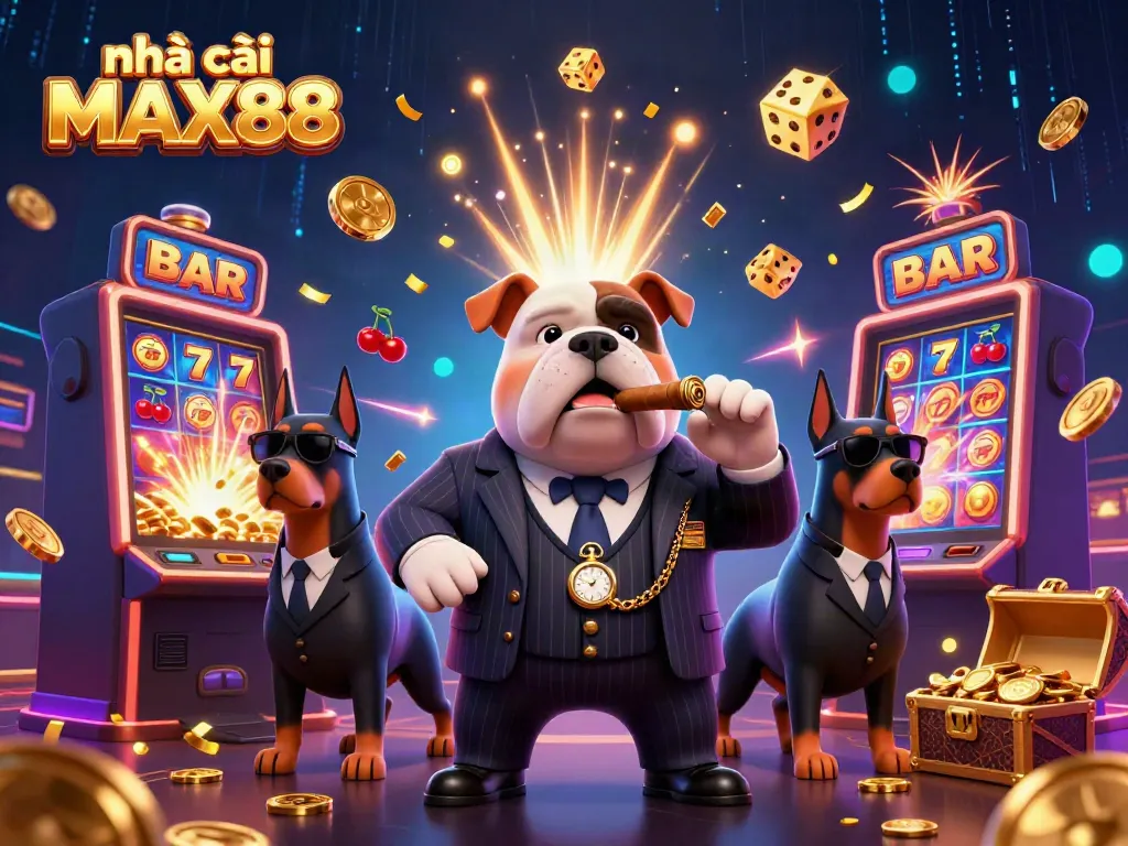 Engaging illustration of nhà cái MAX88 with a mafia boss bulldog, dynamic slot machine, and casino elements.
