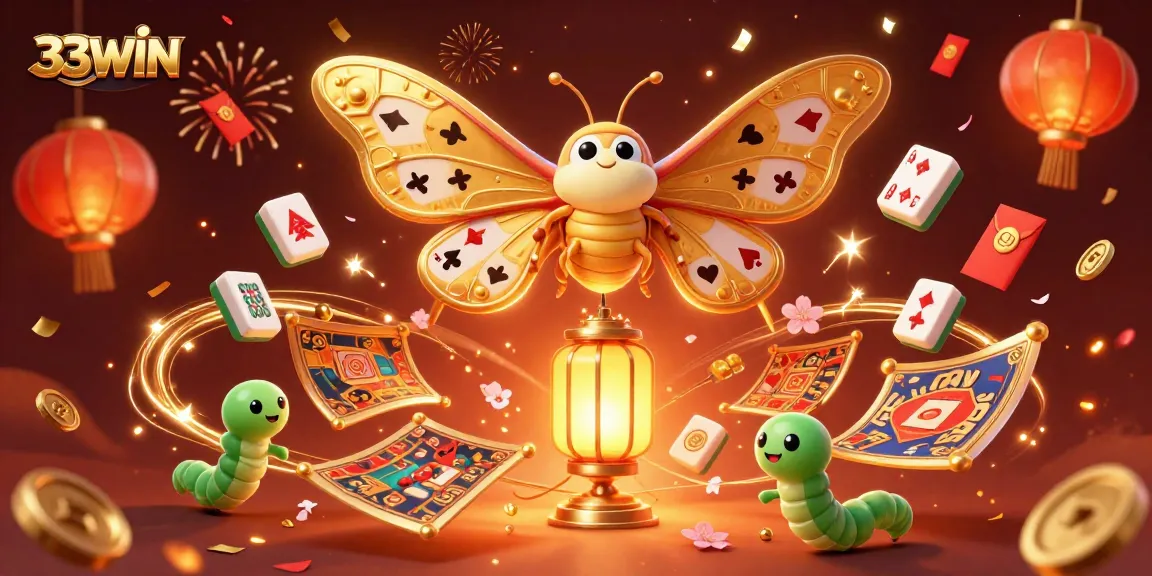 Engage in thrilling casino adventures with 33WIN's vibrant 3D illustration of a majestic moth and gaming elements.