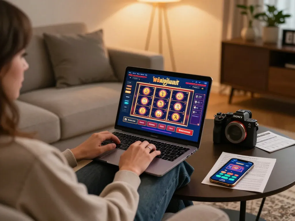 Engaging user playing on sun win platform through laptop on a cozy sofa.
