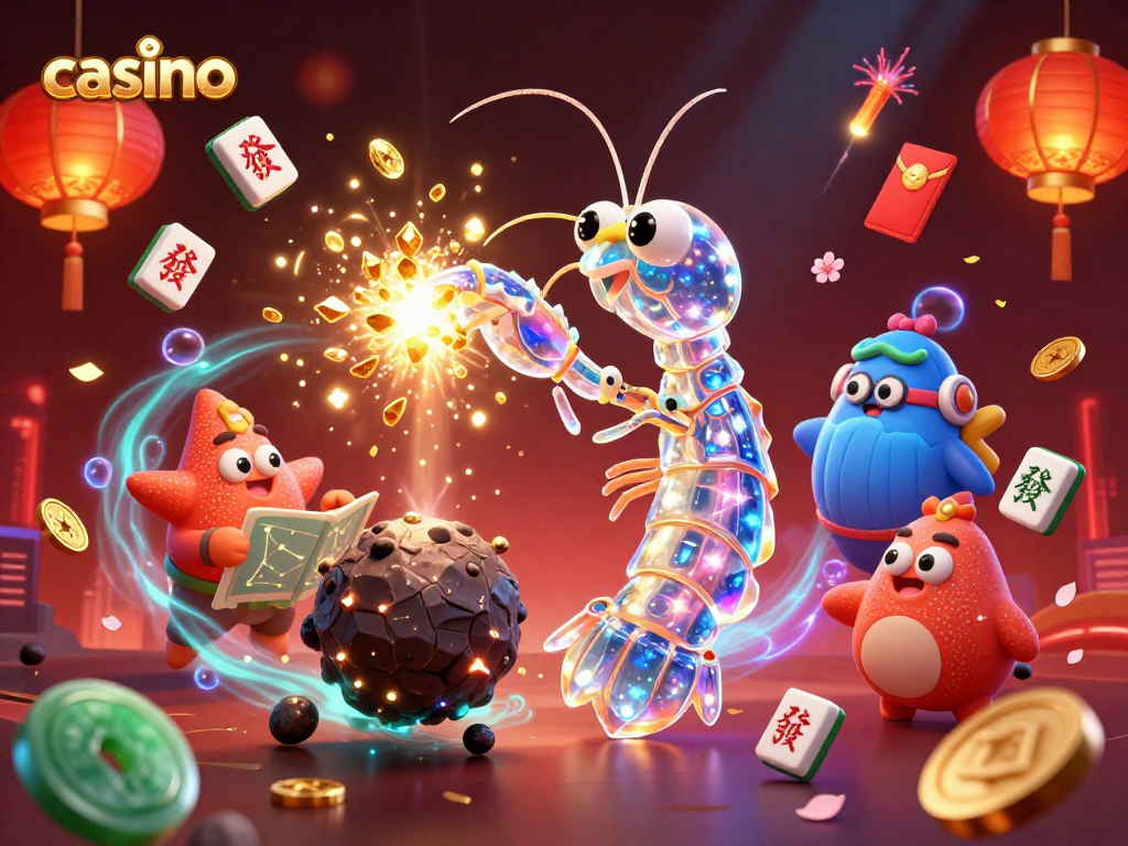 Engage with a dynamic casino scene featuring galactic characters amidst golden gems and festive elements.