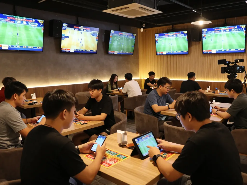 People enthusiastically discussing bets on Keo nha cai 5 in a vibrant sports lounge