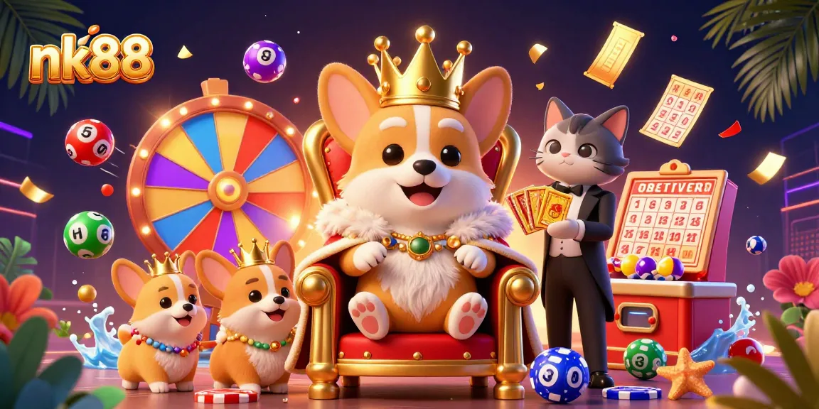 Experience thrilling gaming with nk88, featuring a royal corgi on a throne of poker chips.