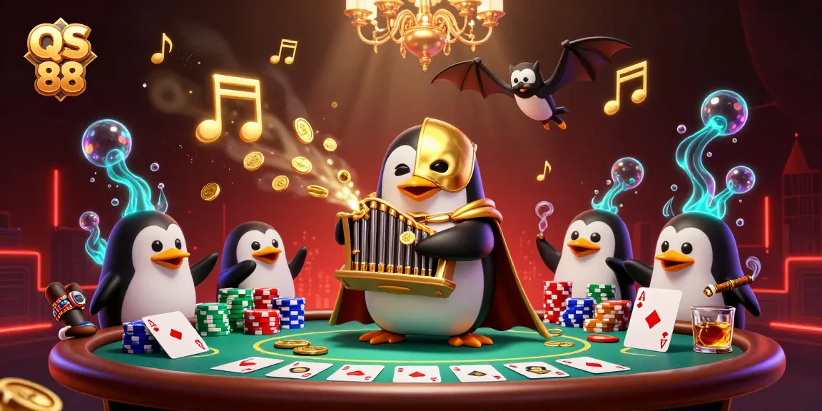 Experience thrilling games with QS 88 amidst vibrant casino elements and characters, including golden coins and poker tables.