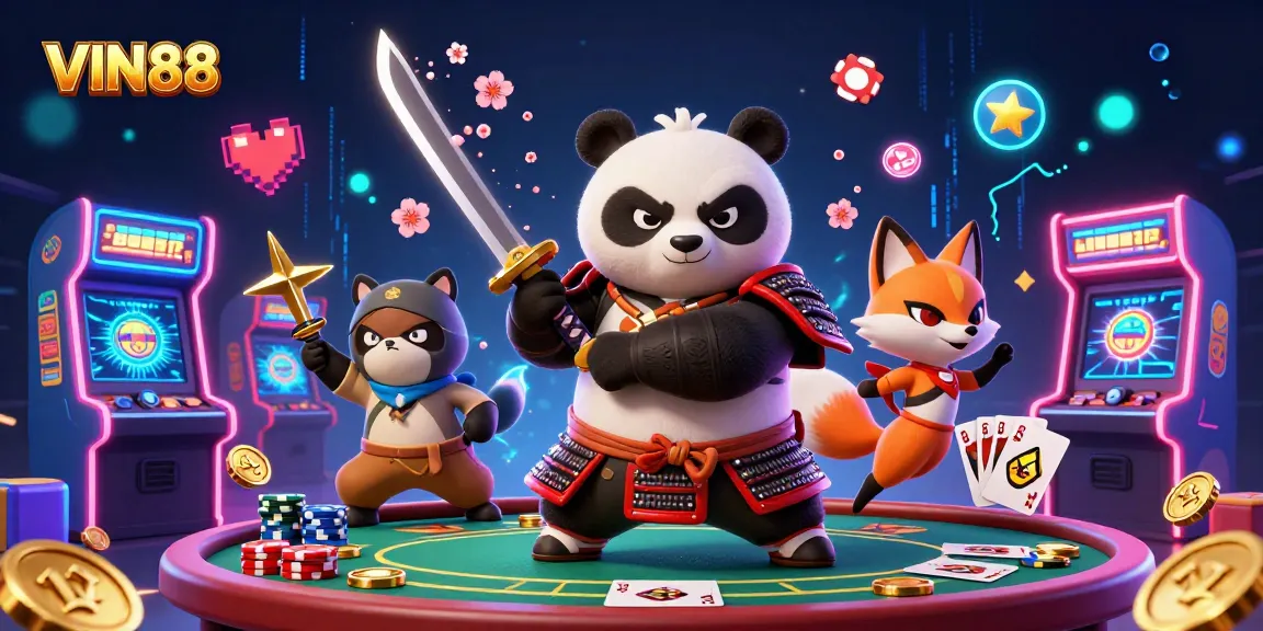 Engage in thrilling VIN88 casino games with vibrant samurai panda, ninja fox, and magical elements.