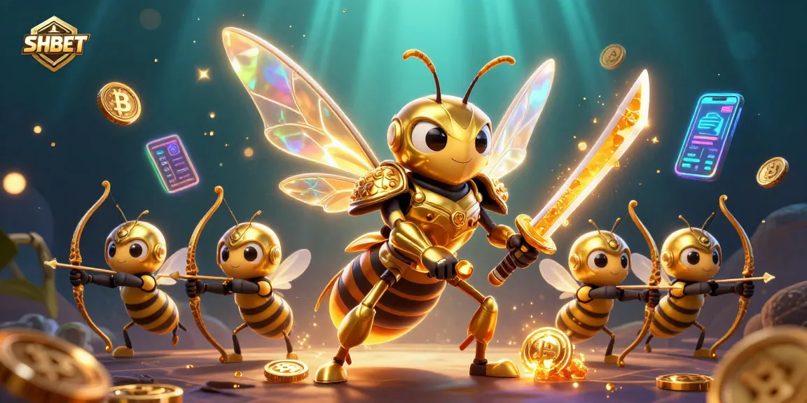 Engage with SHBET's thrilling gaming experience as you explore dynamic casino elements with a golden hornet warrior.