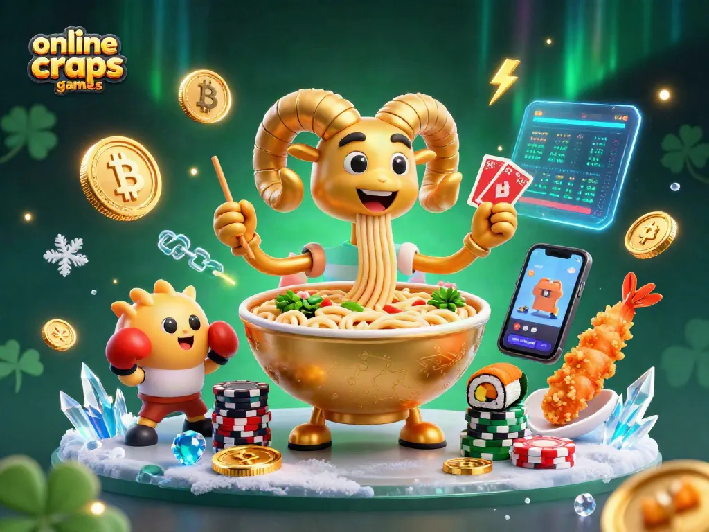 Engage in online craps games with colorful characters including a ramen dealer and vibrant cryptocurrency elements.