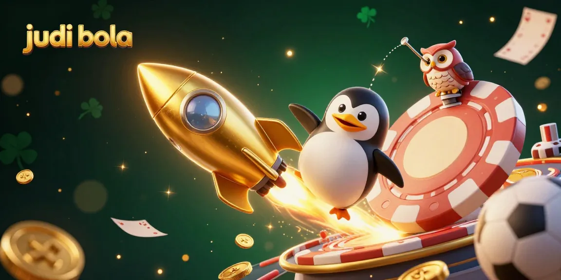 Experience judi bola excitement with a golden penguin and sports betting elements in a colorful 3D scene.