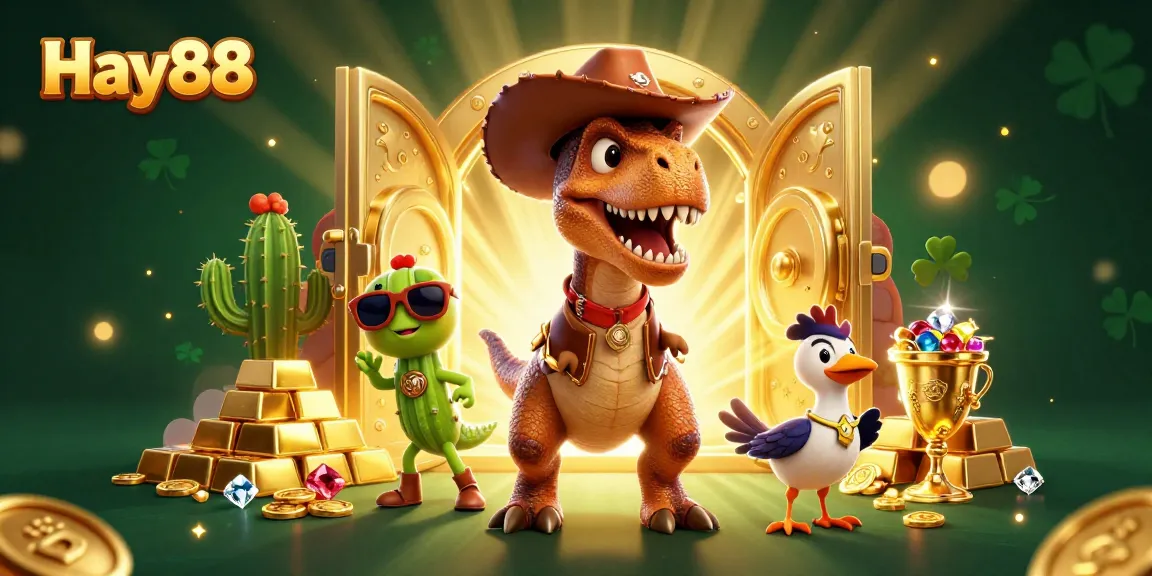 Unleash winning strategies at Hay88 with this vibrant online casino scene featuring dynamic characters and treasures.