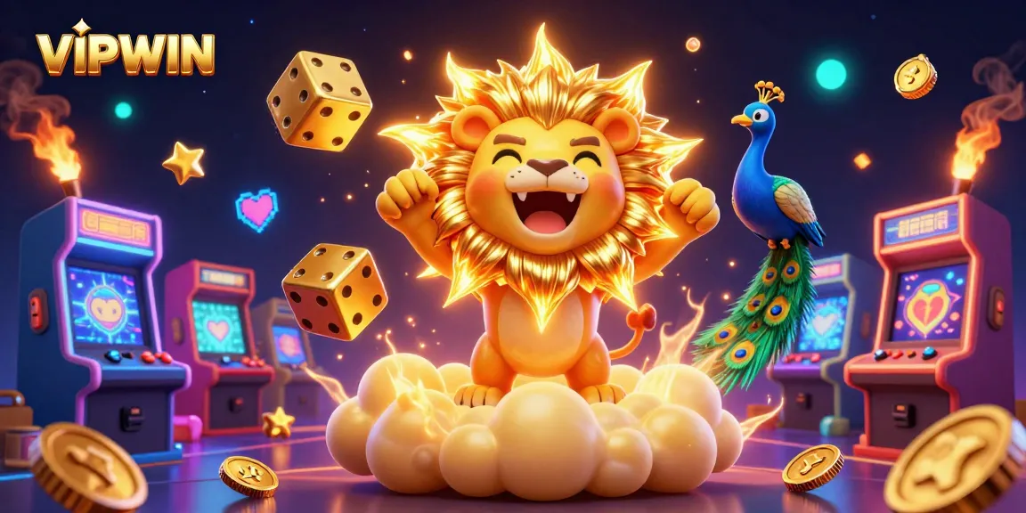 Experience thrilling gameplay with VIPWIN's vibrant, dynamic casino scene featuring 3D characters and game elements.