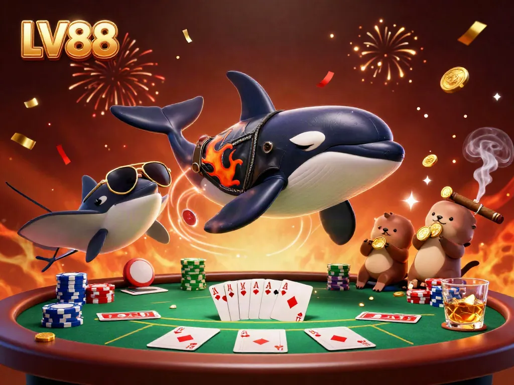Experience the thrill of LV88 casino entertainment with animated characters celebrating at a vibrant poker game.