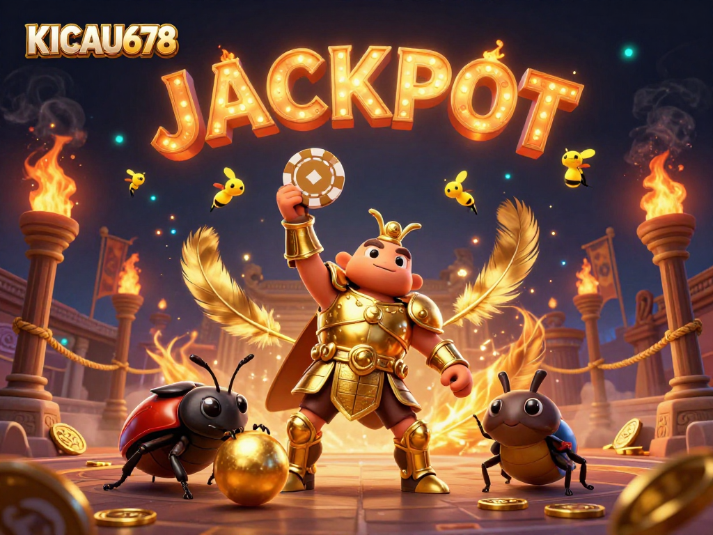 Engage in the excitement of KICAU678 with a victorious beetle character celebrating a jackpot win.