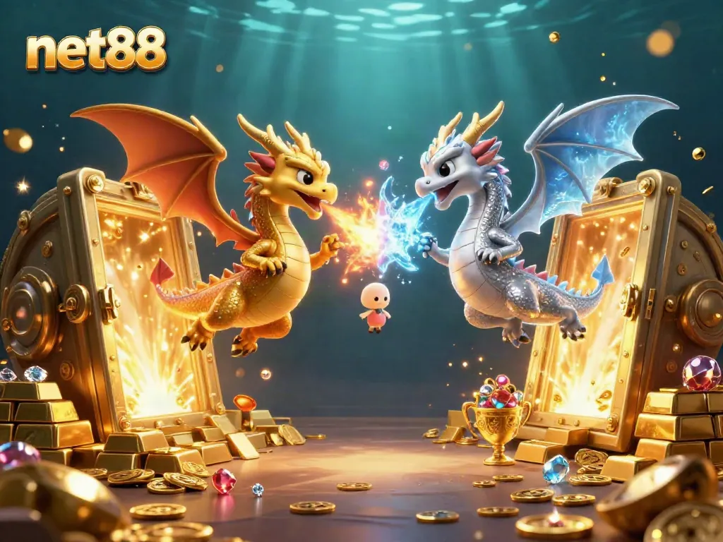 Engage with net88's exciting online gaming experience featuring dragons and treasures in a vibrant casino scene.