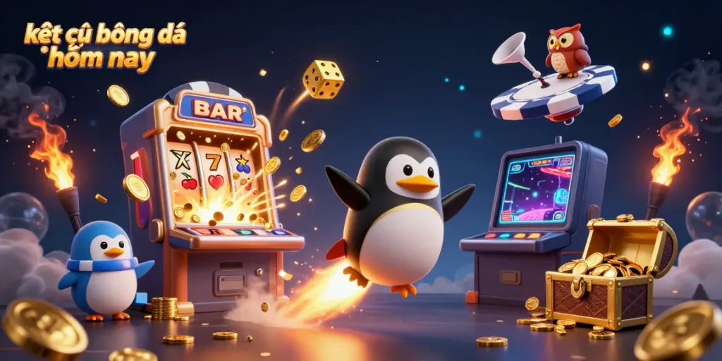 Experience thrilling kết quả bóng đá hôm nay moments with vibrant visuals of casino-themed elements and a golden penguin hero.