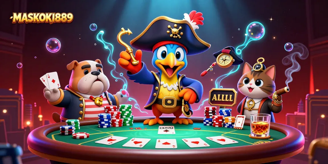 Experience the thrilling bets at MASKOKI889 with colorful poker elements and dynamic characters!