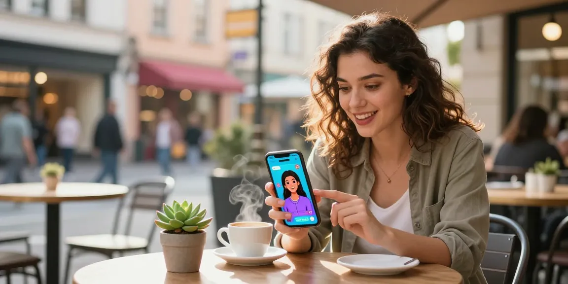 Engaging scene of a young woman using an AI girlfriend app outdoors, highlighting the ai gf experience amidst urban life.