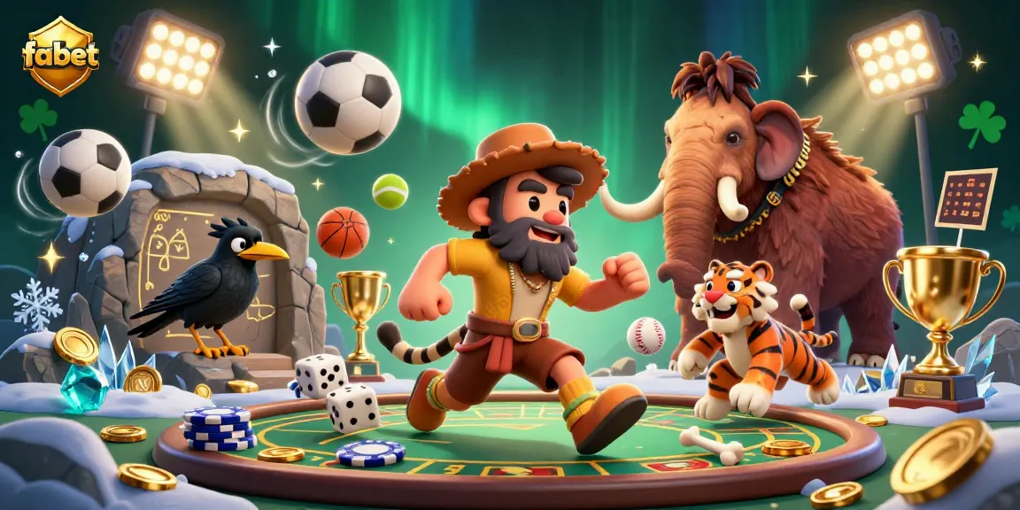Fabet brings excitement to gambling as a caveman and sabertooth tiger operate a casino amidst dynamic sports elements.