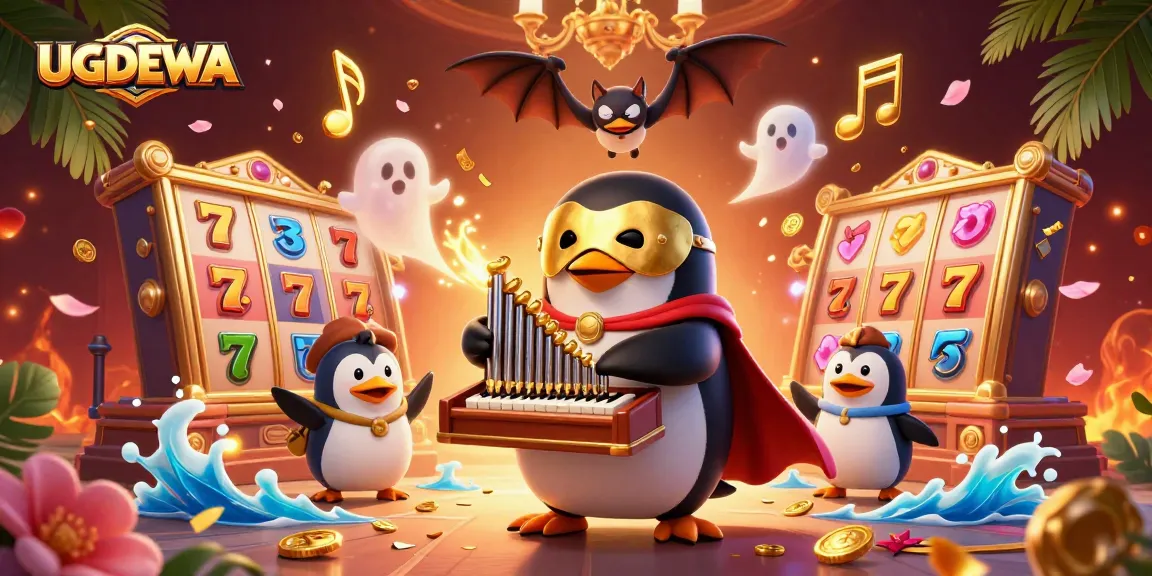 Engage with UGDEWA as a magical penguin plays a golden organ while lucky slots surround the vibrant scene.