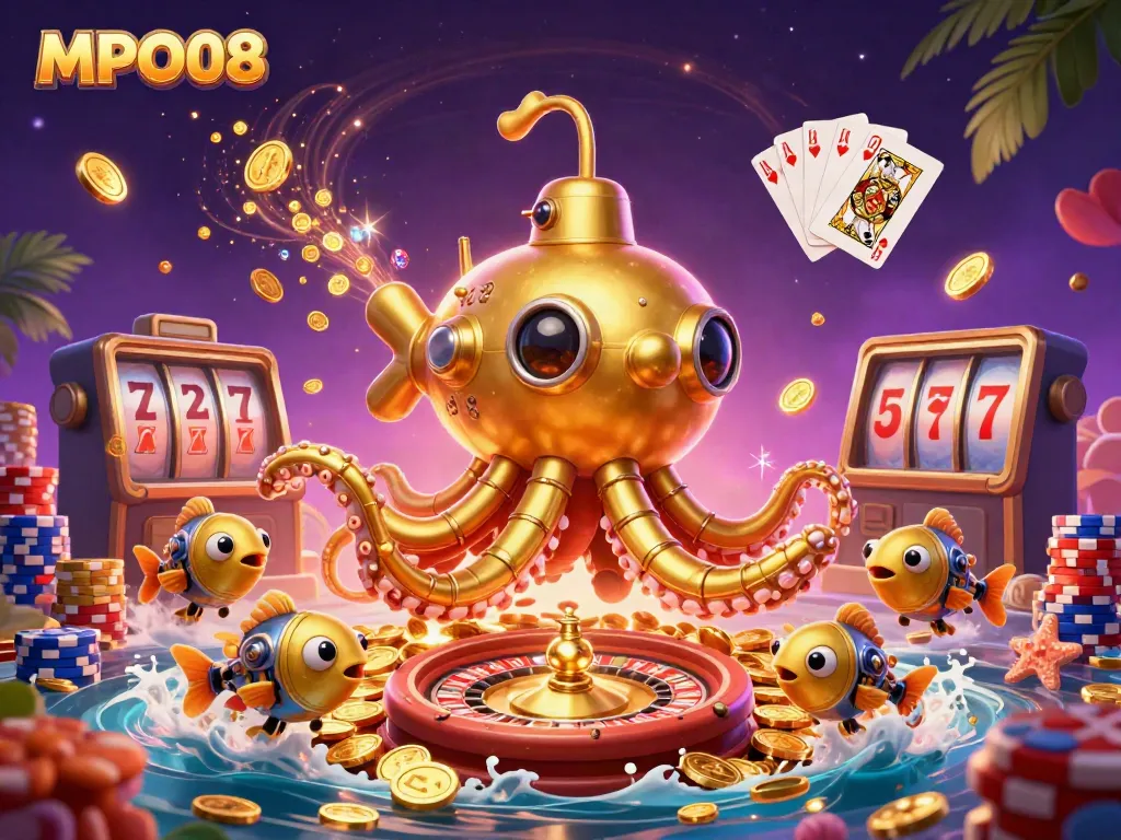 MPO08 promotes winning with a golden kraken submarine amidst cascading coins and vibrant game elements.
