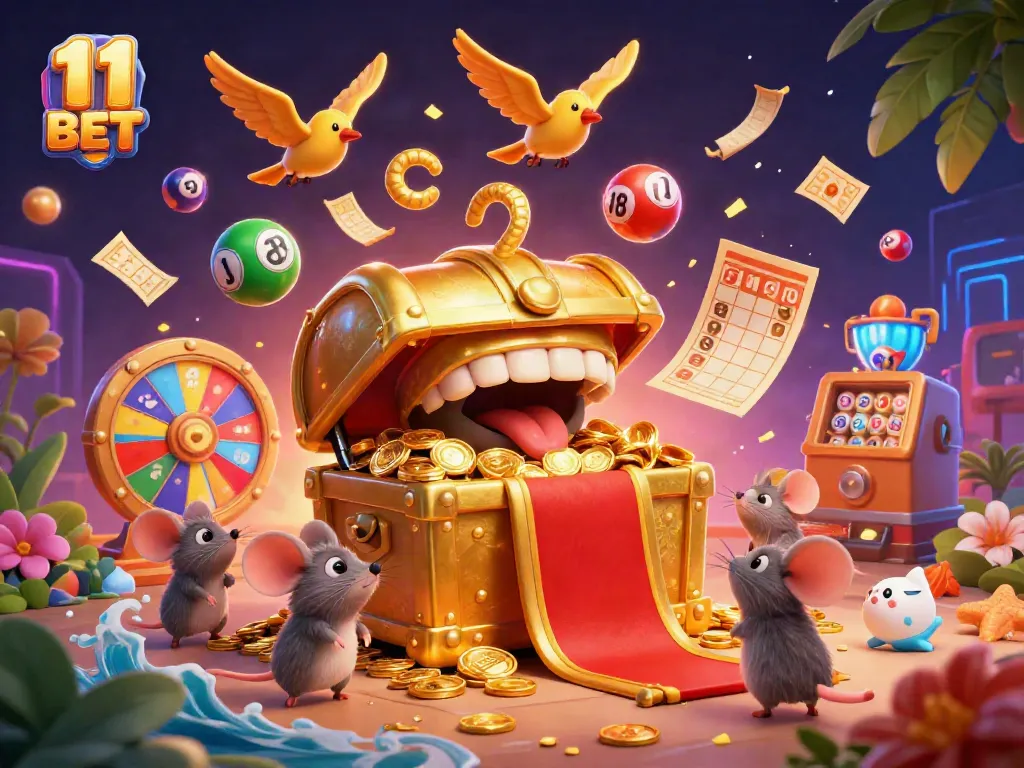 Experience thrilling adventures with 11 BET in a vibrant casino world, filled with colorful lottery elements and golden treasures.