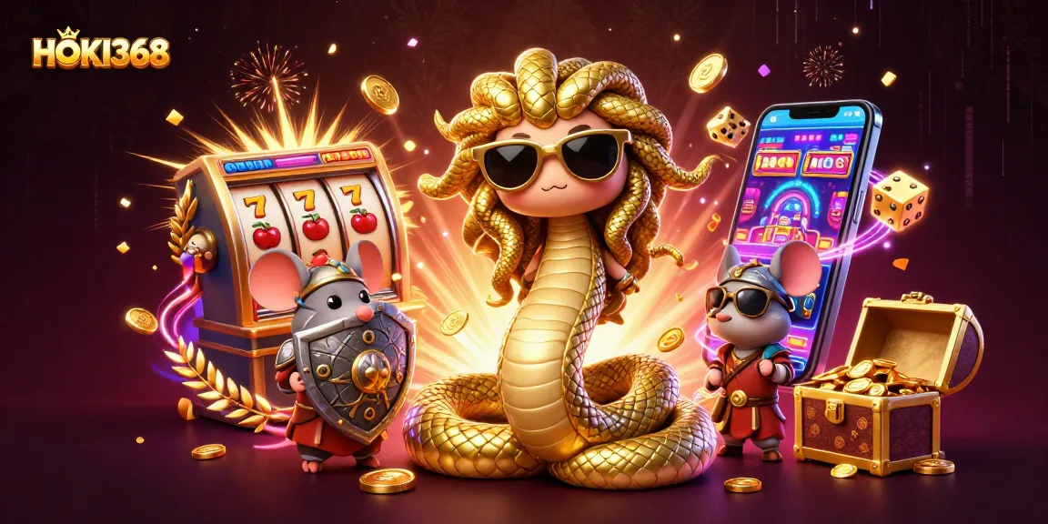 Witness a lively casino scene with HOKI368, featuring Medusa and warrior mouse among slots and jackpots.