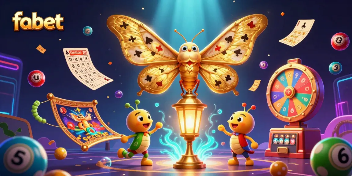 Engage with fabet's vibrant lottery and casino scenes featuring a majestic moth and golden treasures.