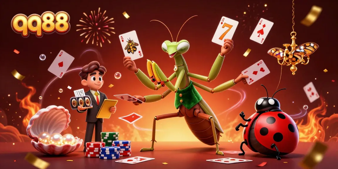 Bet on thrilling winnings with qq88, an engaging casino scene featuring a giant mantis dealer and lively elements.