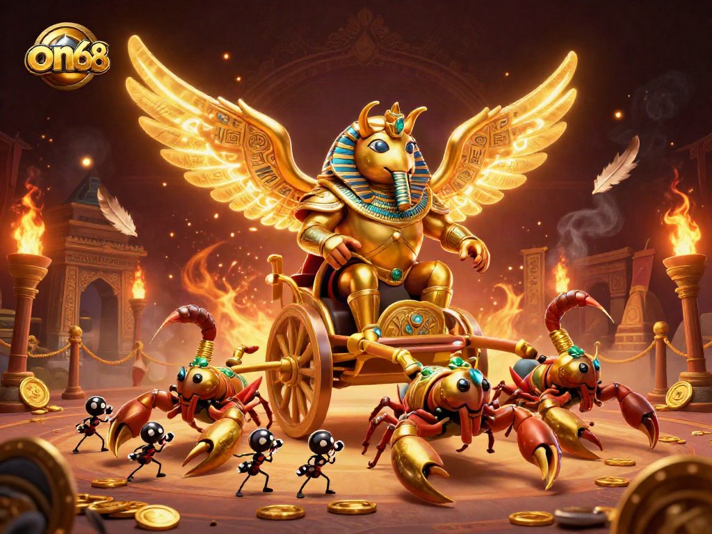 Engage in thrilling action at on68, featuring a colossal golden scarab beetle in a vibrant casino setting.