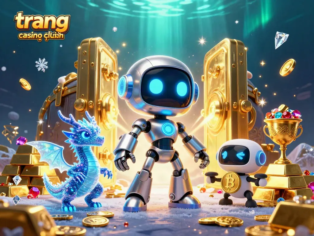 Khám phá trang casino trực tuyến với robot 3D và kho báu vàng trong hình ảnh sống động.