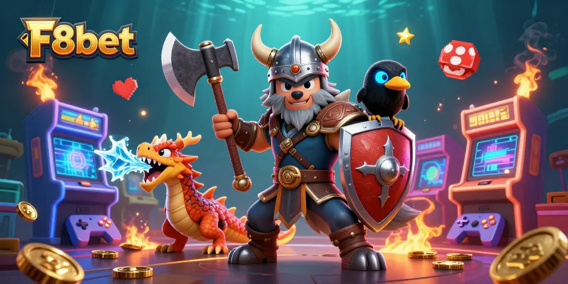Engage with thrilling games at F8bet featuring a dynamic heroic Viking wolf, dragon, and cartoon elements.