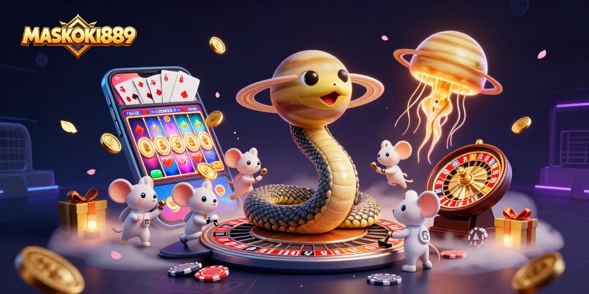 Experience the thrills of MASKOKI889 in this vibrant cosmic casino scene filled with action.